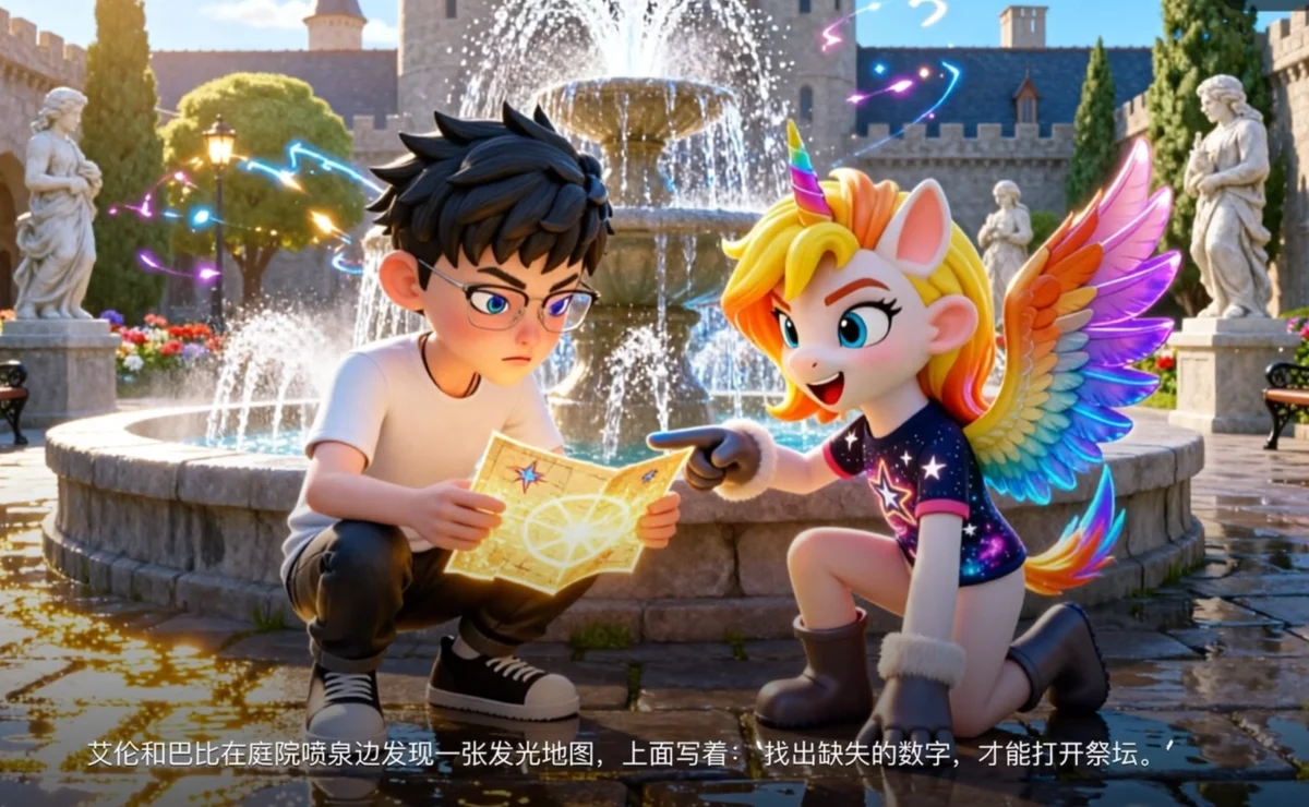 公司介绍中的无限绘梦互动绘本画面：孩子与幻想伙伴共同阅读